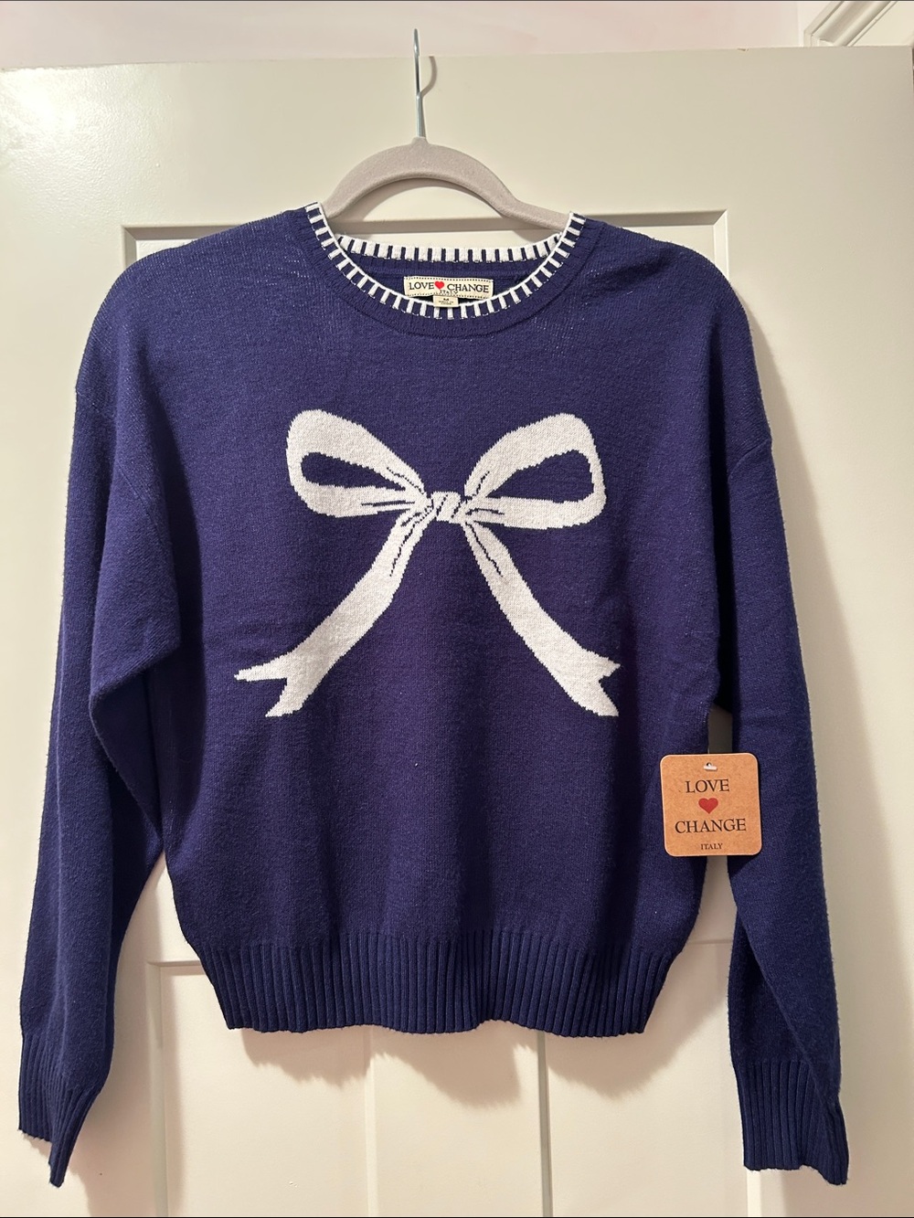 Love Change Navy Crewneck Sweater with White Bow